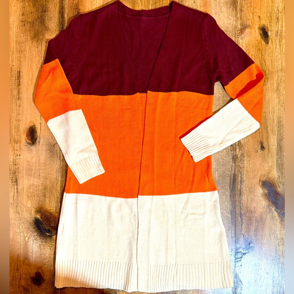 Sweater Duster Cardigan- Block colors- Burgundy Orange Cream. Small size.